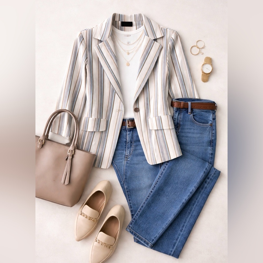Vintage Striped Single-Button Blazer in Teal, Cream, and Brown women’s size 12
